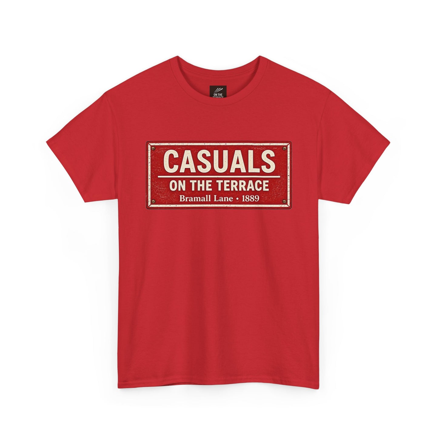 A red short-sleeve SUFC t-shirt featuring a distressed vintage-style street sign graphic on the chest that reads 'CASUALS ON THE TERRACE Bramall Lane - 1889'.