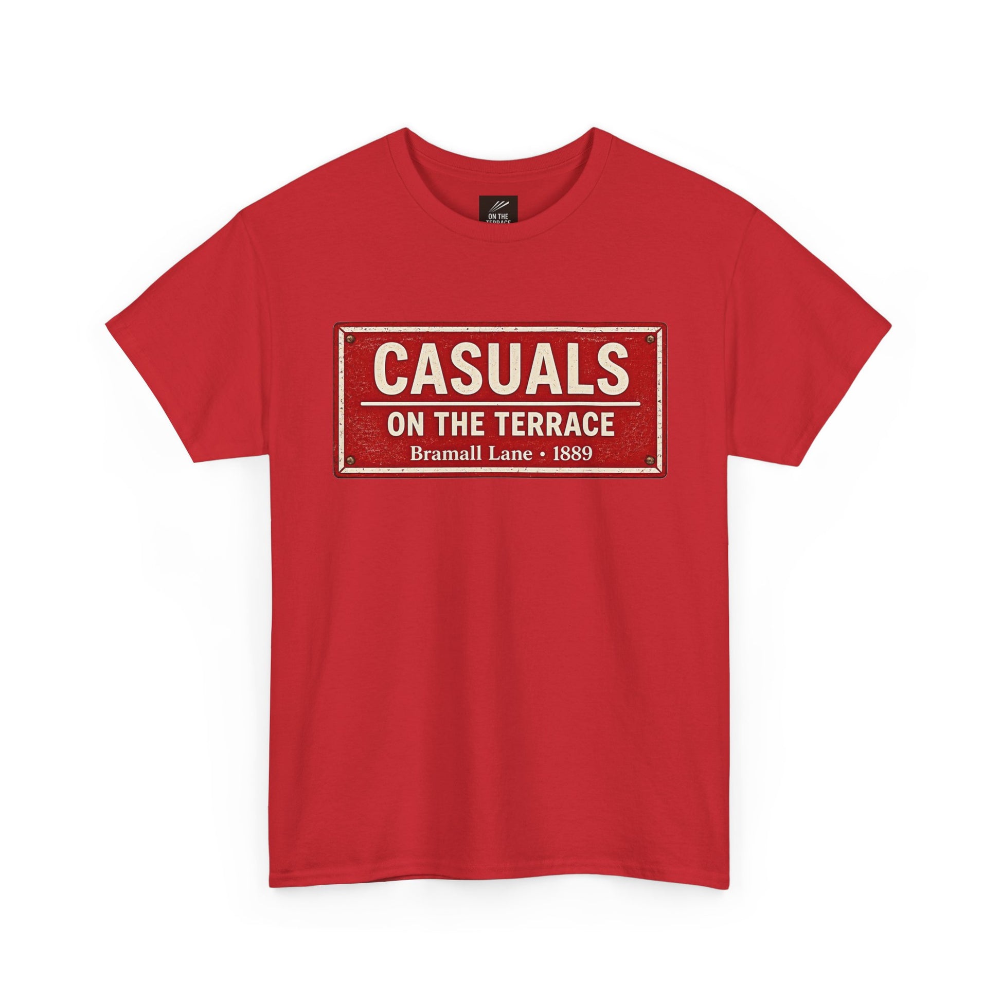 A red short-sleeve SUFC t-shirt featuring a distressed vintage-style street sign graphic on the chest that reads 'CASUALS ON THE TERRACE Bramall Lane - 1889'.