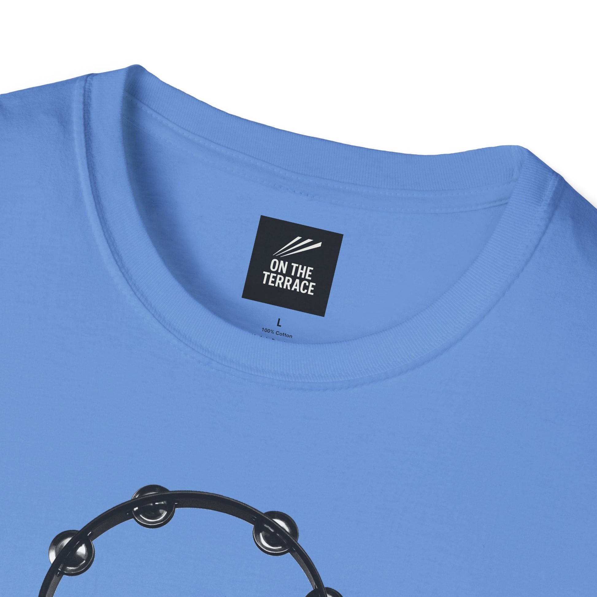 Oasis Liam Gallagher Shirt in sky blue with bold black silhouette and tambourine halo, perfect for Britpop fans and music fashion lovers.