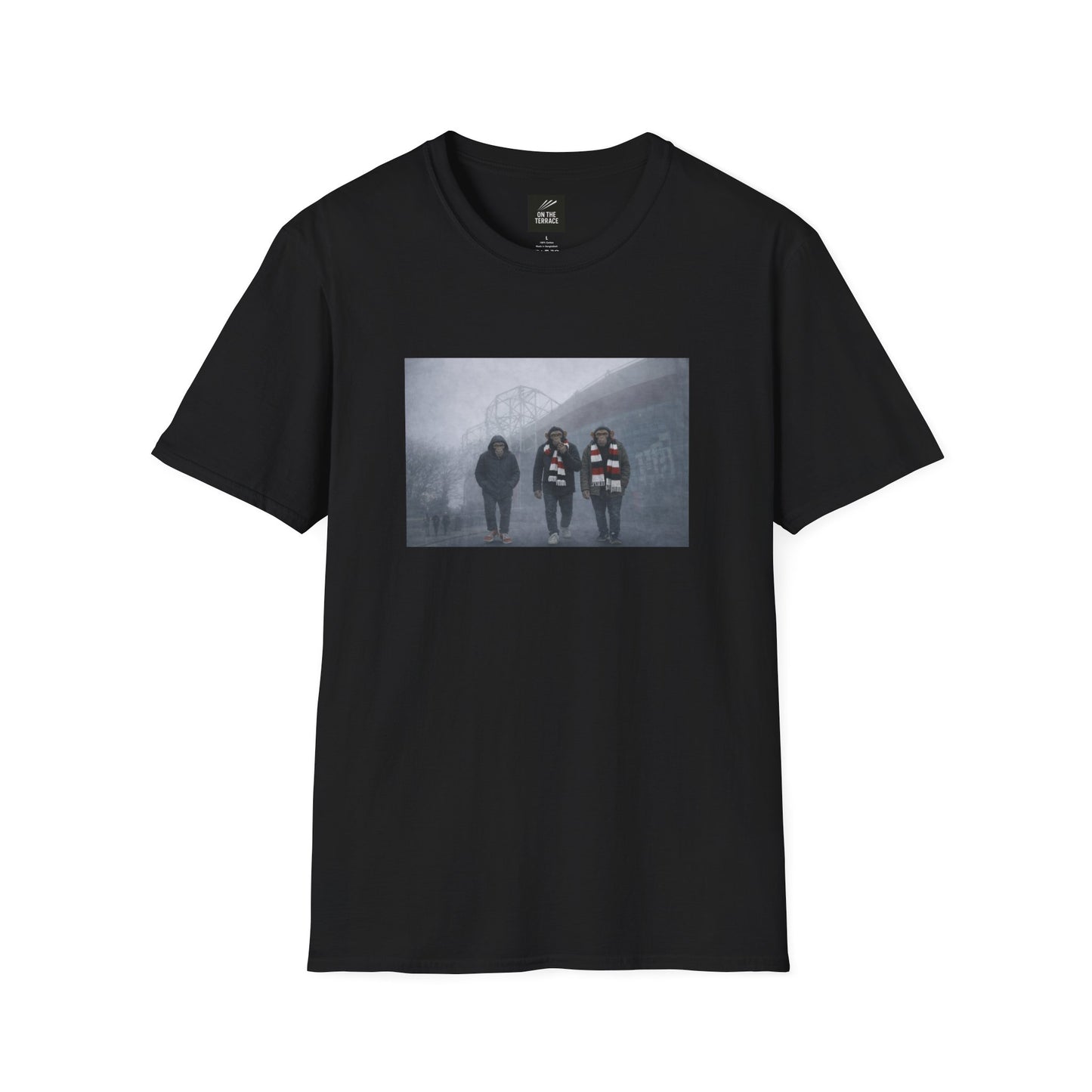 MUFC Black t-shirt with a graphic of four people on a foggy road outside ol trafford