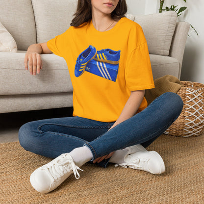 Yellow retro sneaker graphic t-shirt with blue vintage trainer and shoebox print