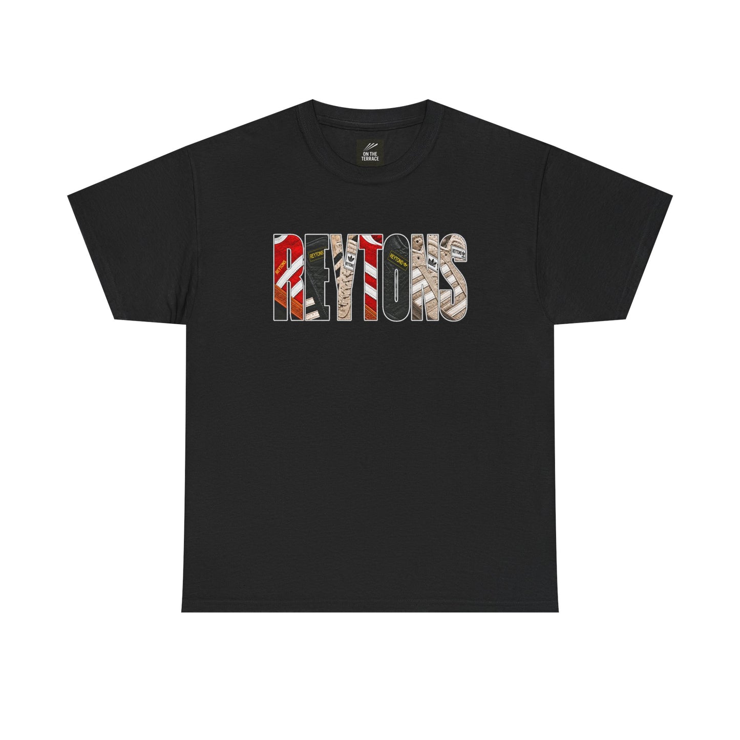 A black short-sleeve crewneck Reytons t-shirt featuring a graphic print of the word 'Reytons' in a collage of vintage barber shop colors (red, white, black, beige) on the chest, displayed against a solid white background.