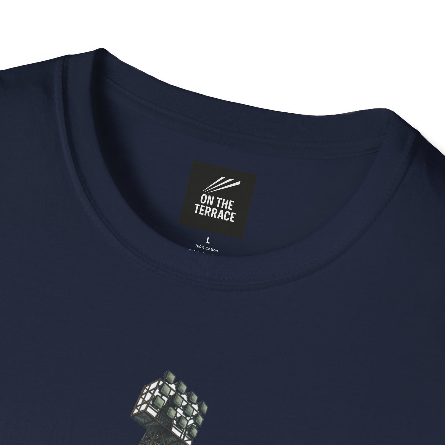 Close-up of navy blue cotton t-shirt collar with On The Terrace label and stadium floodlight print