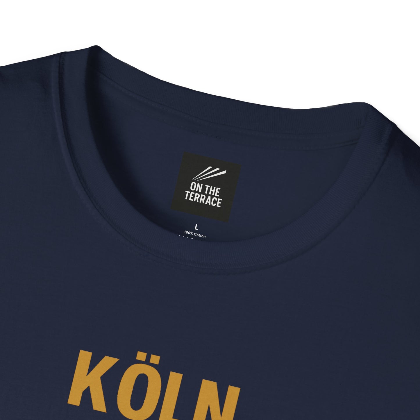 Navy blue cotton t-shirt with gold text 'KÖLN' and 'On The Terrace' brand label inside collar