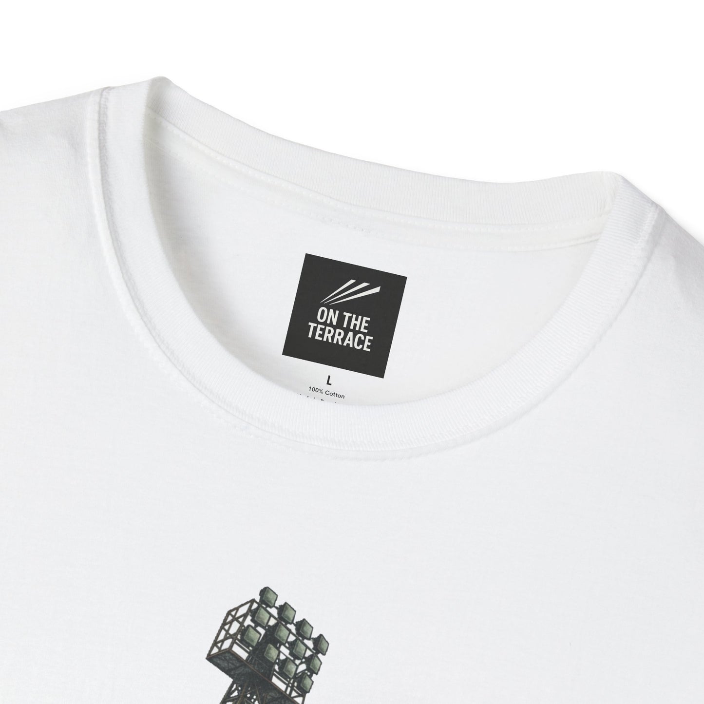 White cotton T-shirt with black On The Terrace label and printed stadium floodlights design