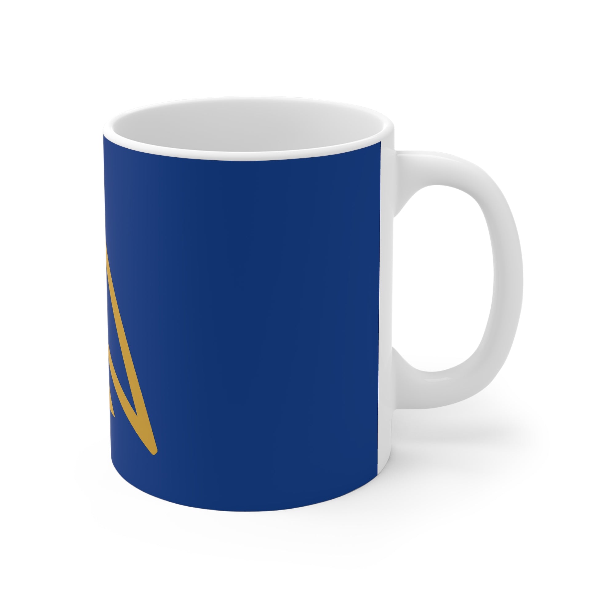 White ceramic mug with blue wraparound design and partial gold geometric pattern