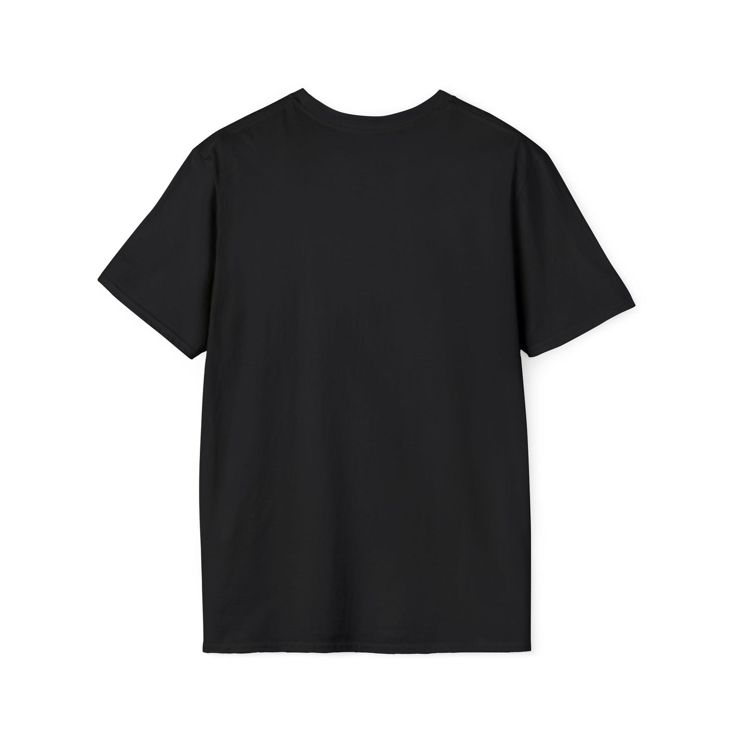 The plain, solid black back of a short-sleeved crew-neck t-shirt.