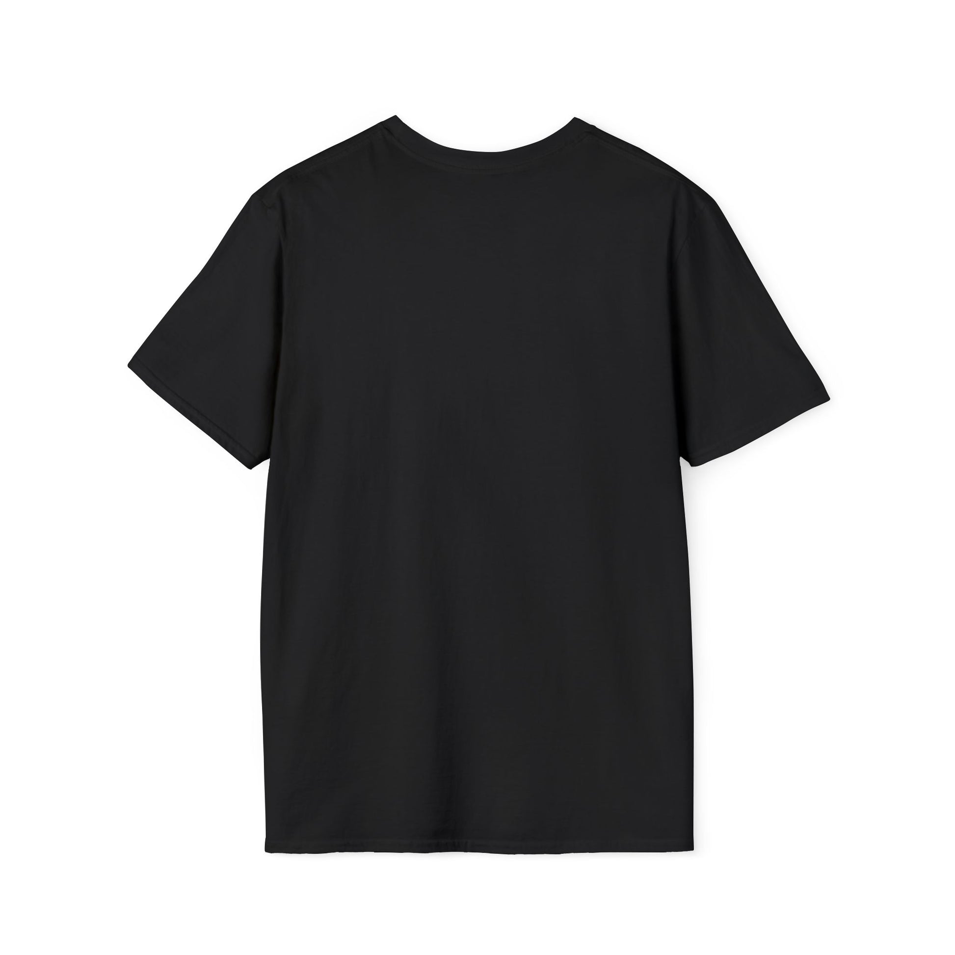 The plain, solid black back of a short-sleeved crew-neck t-shirt.