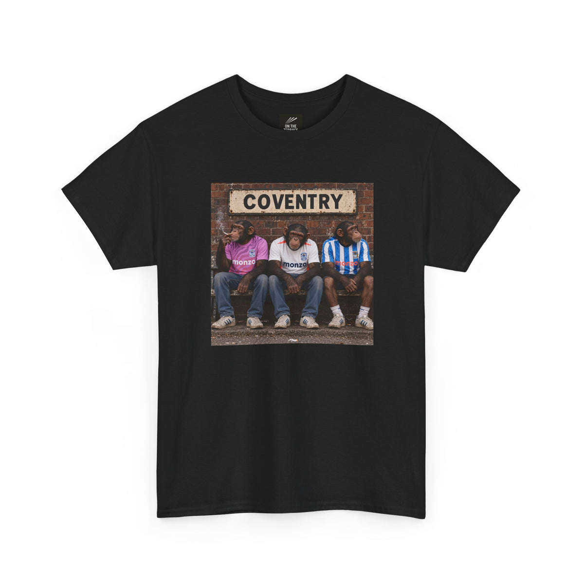 Black Coventry Monkeys T-shirt, front view with full-colour chimps print