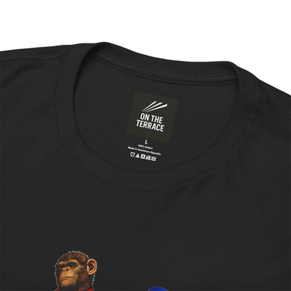 Close-up of a black Ipswich t-shirt showing the inner neck label which reads 'ON THE TERRACE' and a partial graphic of a chimpanzee face at the bottom left.