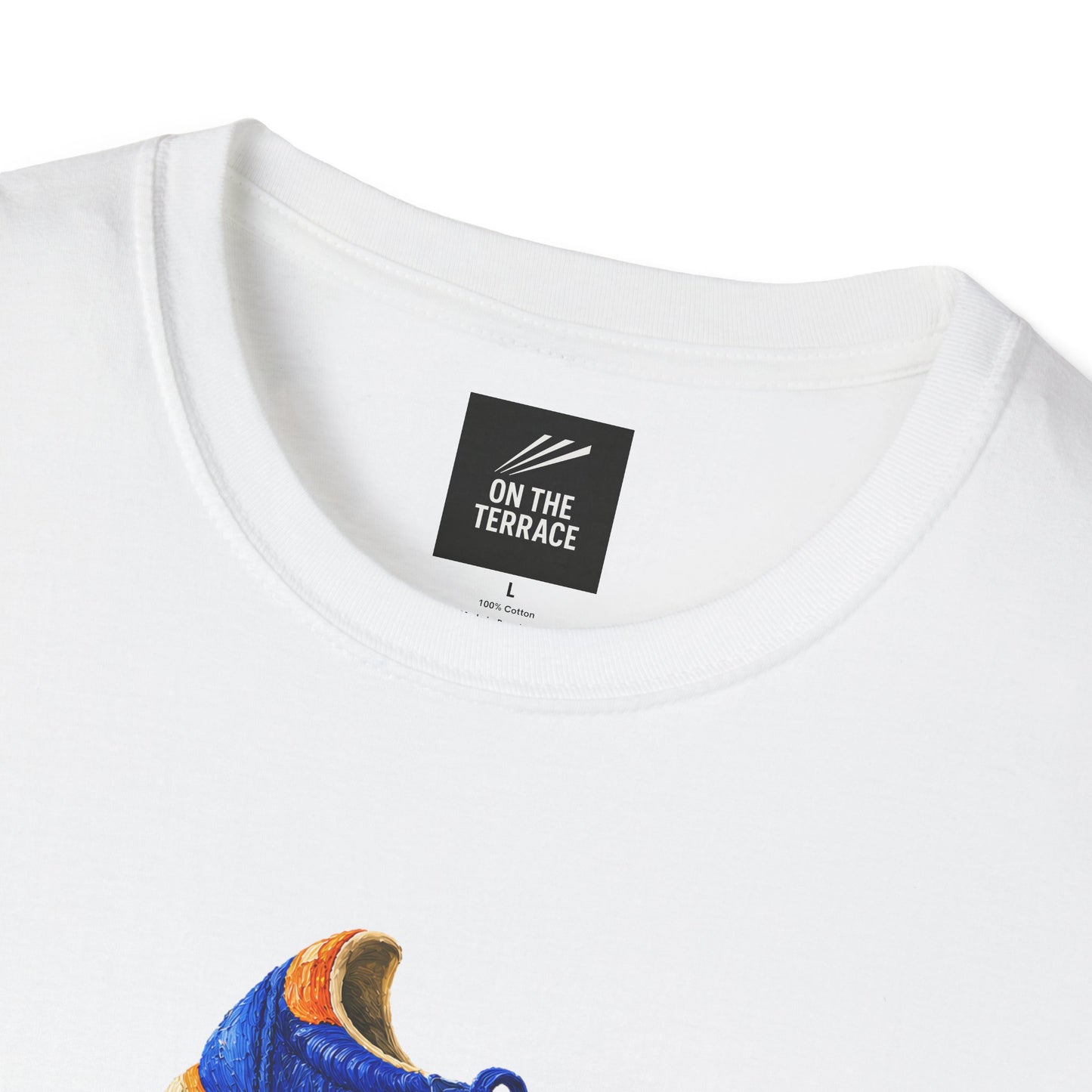 Close-up of a white t-shirt with illustration of blue and orange adidas Gazelle-style trainers, terrace casual sneaker graphic tee, vintage trainer collection, On The Terrace