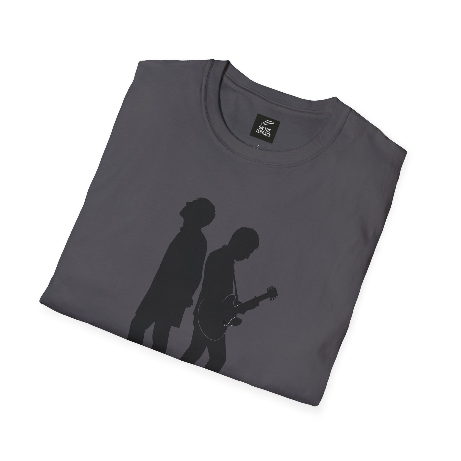 Folded dark gray T-shirt with silhouette graphic of two musicians, one playing guitar, black tag reading On The Terrace