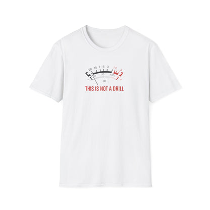 White oasis t-shirt with a graphic design and text 'THIS IS NOT A DRILL' on a white background
