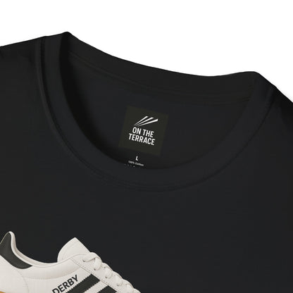 Black cotton t-shirt with On The Terrace label and partial view of white Derby sneaker