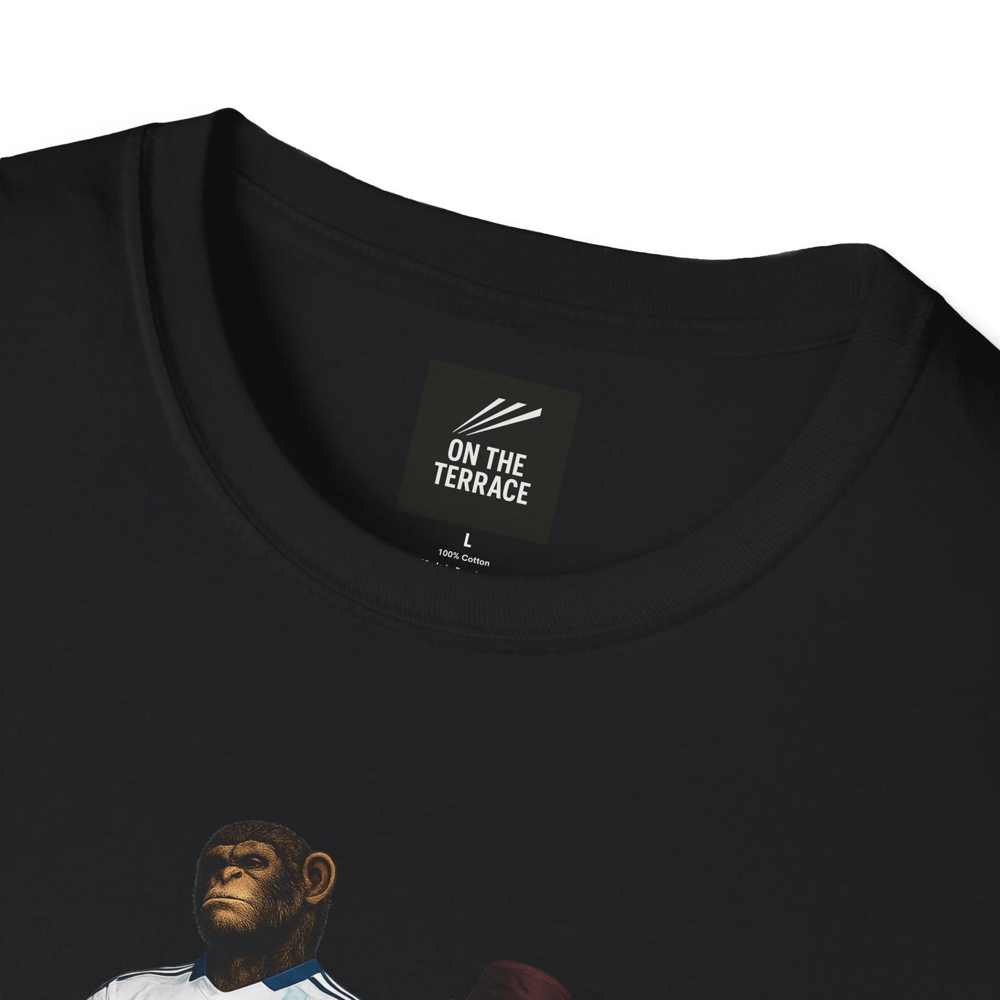 Close-up of a black t-shirt with a logo on a white background