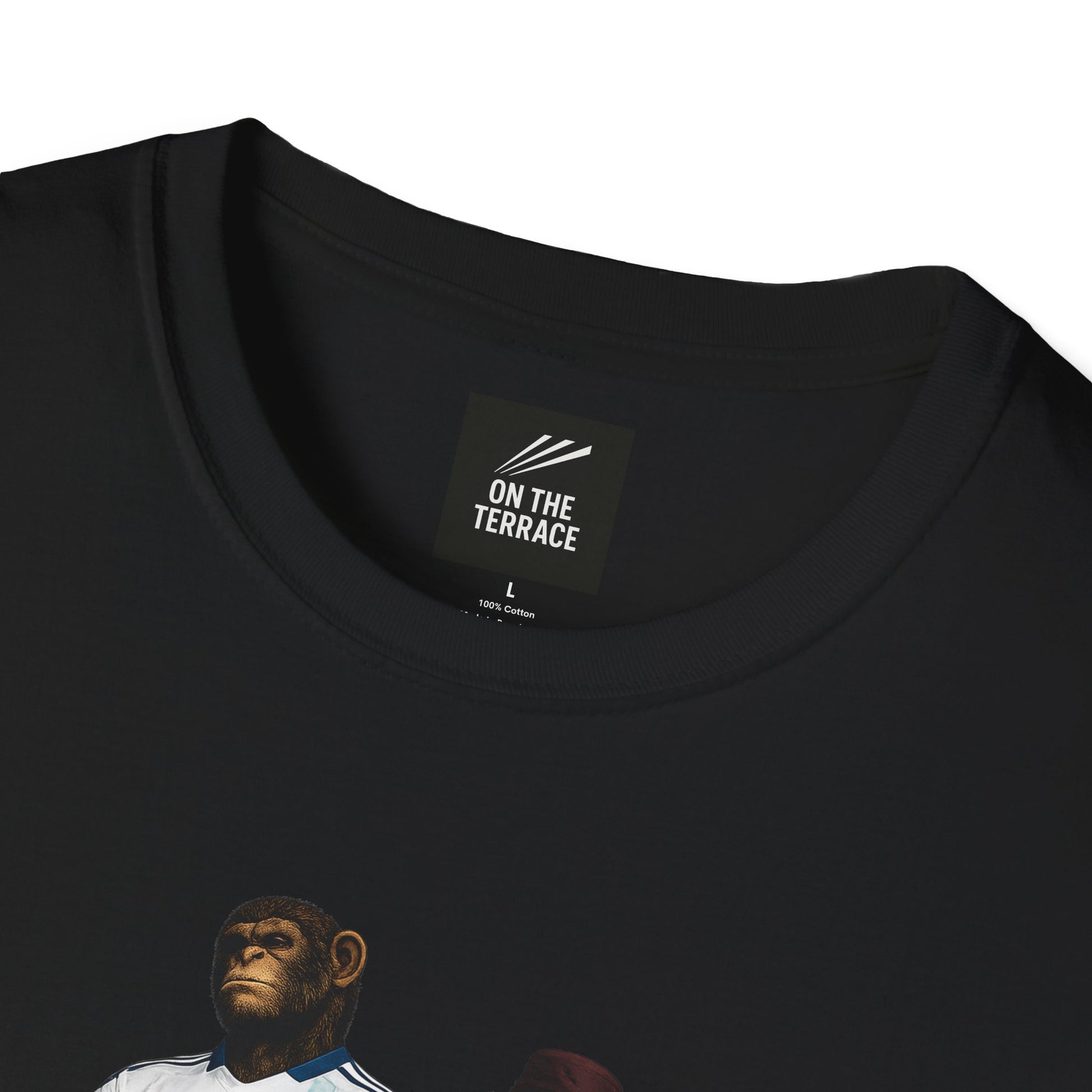 Close-up of a black t-shirt with a logo on a white background
