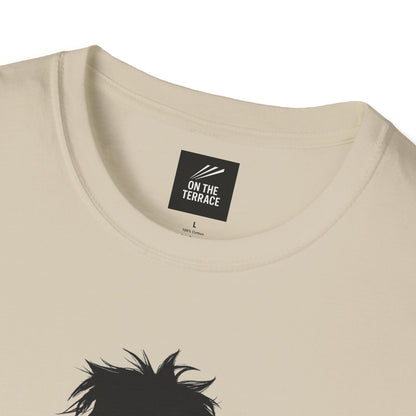 Close-up of cream-colored cotton t-shirt collar with On The Terrace brand label and black graphic print