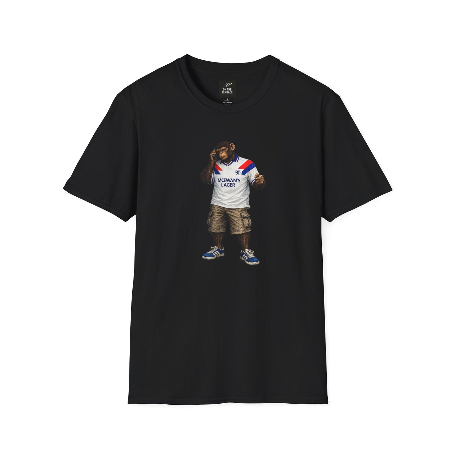 Black Rangers -inspired t-shirt featuring a graphic of a chimpanzee in a vintage 90's away kit, smoking and using a mobile phone.