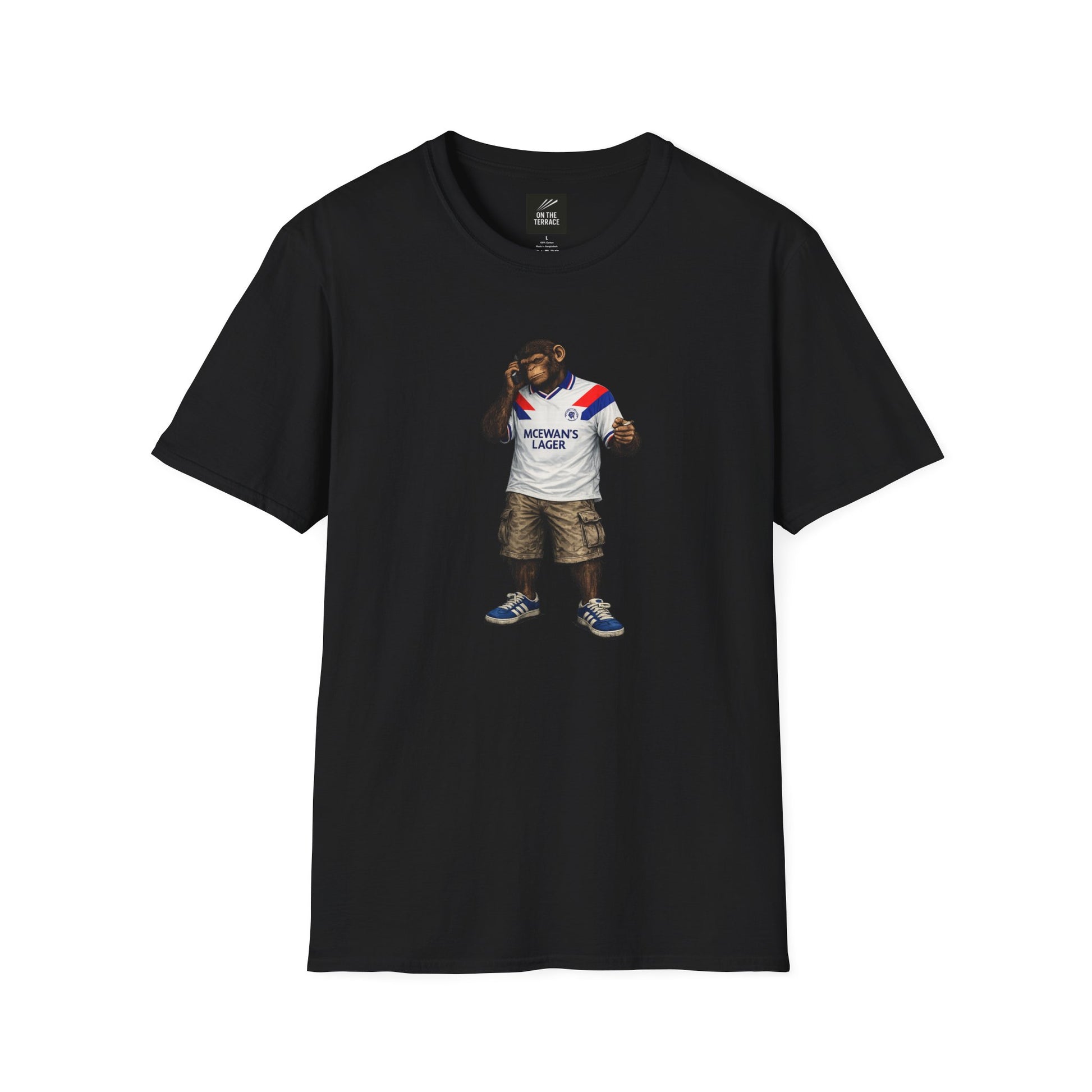 Black Rangers -inspired t-shirt featuring a graphic of a chimpanzee in a vintage 90's away kit, smoking and using a mobile phone.