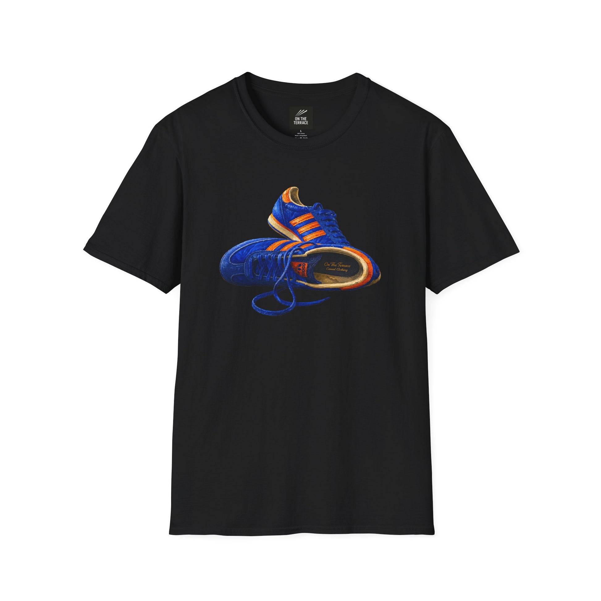 Black t-shirt with hand-illustrated blue and orange retro terrace trainer sneaker graphic print, On The Terrace casual clothing brand
