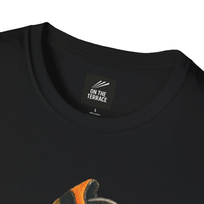 Black t-shirt with orange retro sneaker graphic print showing detailed side and sole view