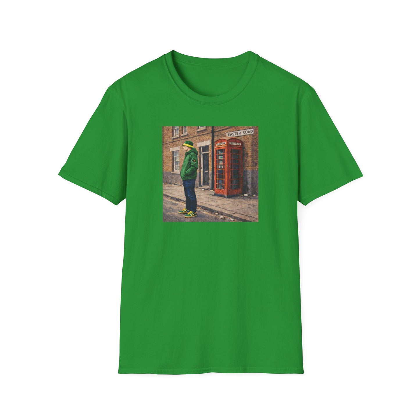 Hibernian t-shirt featuring a casual man in green jacket, yellow hat, and sneakers standing by a red phone booth on Easter Road street