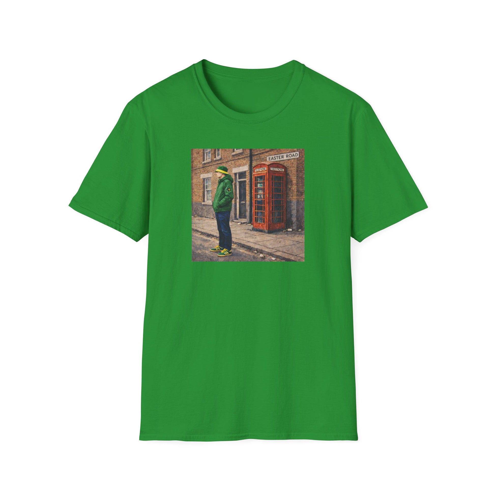 Hibernian t-shirt featuring a casual man in green jacket, yellow hat, and sneakers standing by a red phone booth on Easter Road street