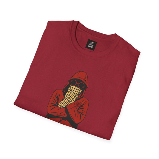 Folded maroon t-shirt with graphic of hooded figure wearing round sunglasses and checkered face mask