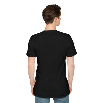 Man wearing plain black short-sleeve t-shirt viewed from back on white background