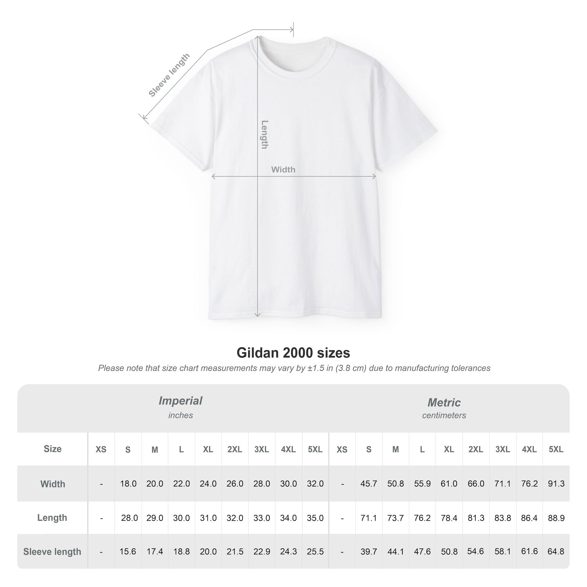 White Gildan 2000 t-shirt with size chart showing width, length, and sleeve length in inches and centimeters