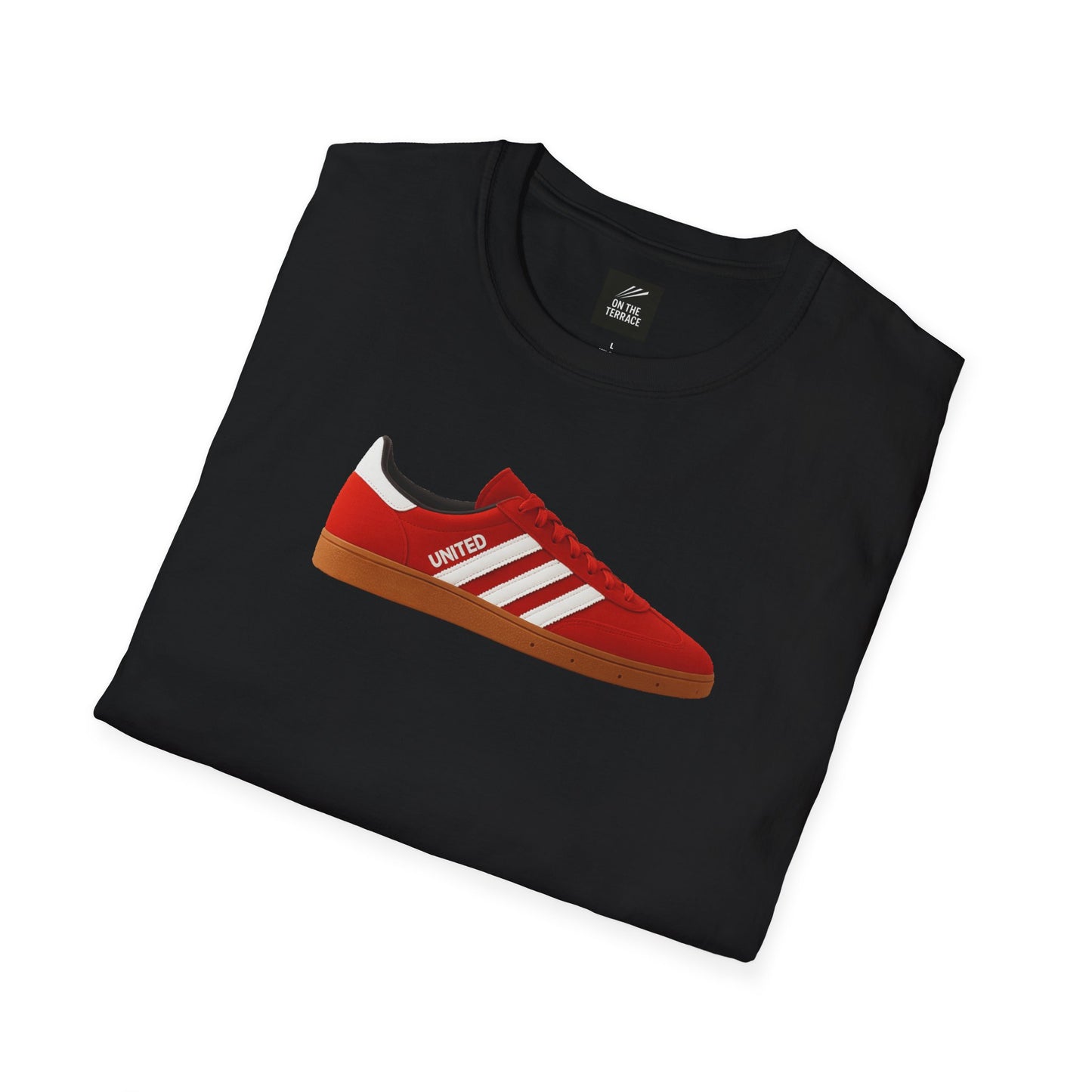 Black folded t-shirt with a red sneaker print featuring white stripes and 'UNITED' text