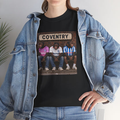 Woman wearing the black Coventry Monkeys T-shirt under a denim jacket