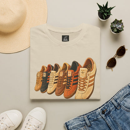 Beige multi retro sneaker graphic t-shirt with colorful vintage trainer collection print