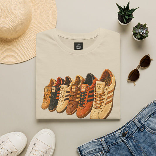 Beige multi retro sneaker graphic t-shirt with colorful vintage trainer collection print