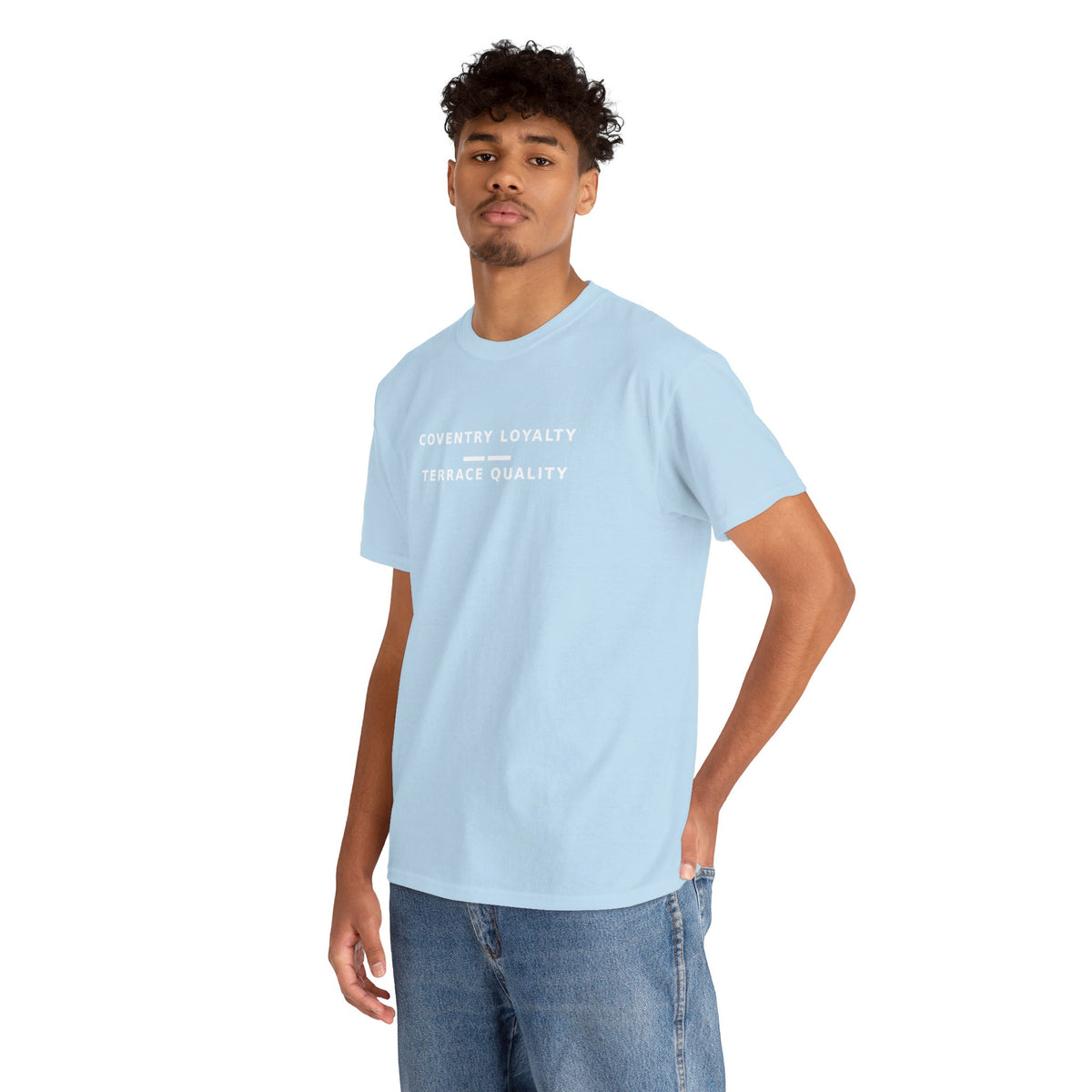 Man wearing the sky blue Coventry Loyalty T-shirt with jeans