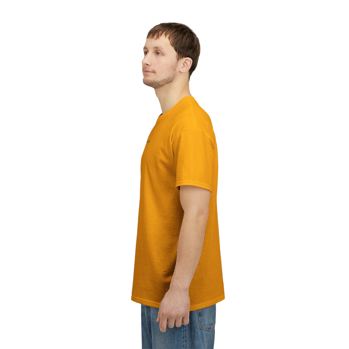 Side view of man in jeans wearing the gold Sheffield Built For Saturdays tee