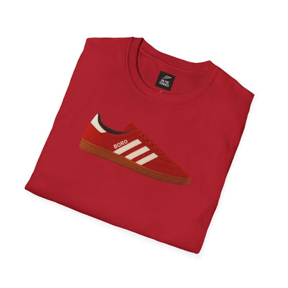 Red folded t-shirt with graphic of a red sneaker featuring white stripes and BORO text