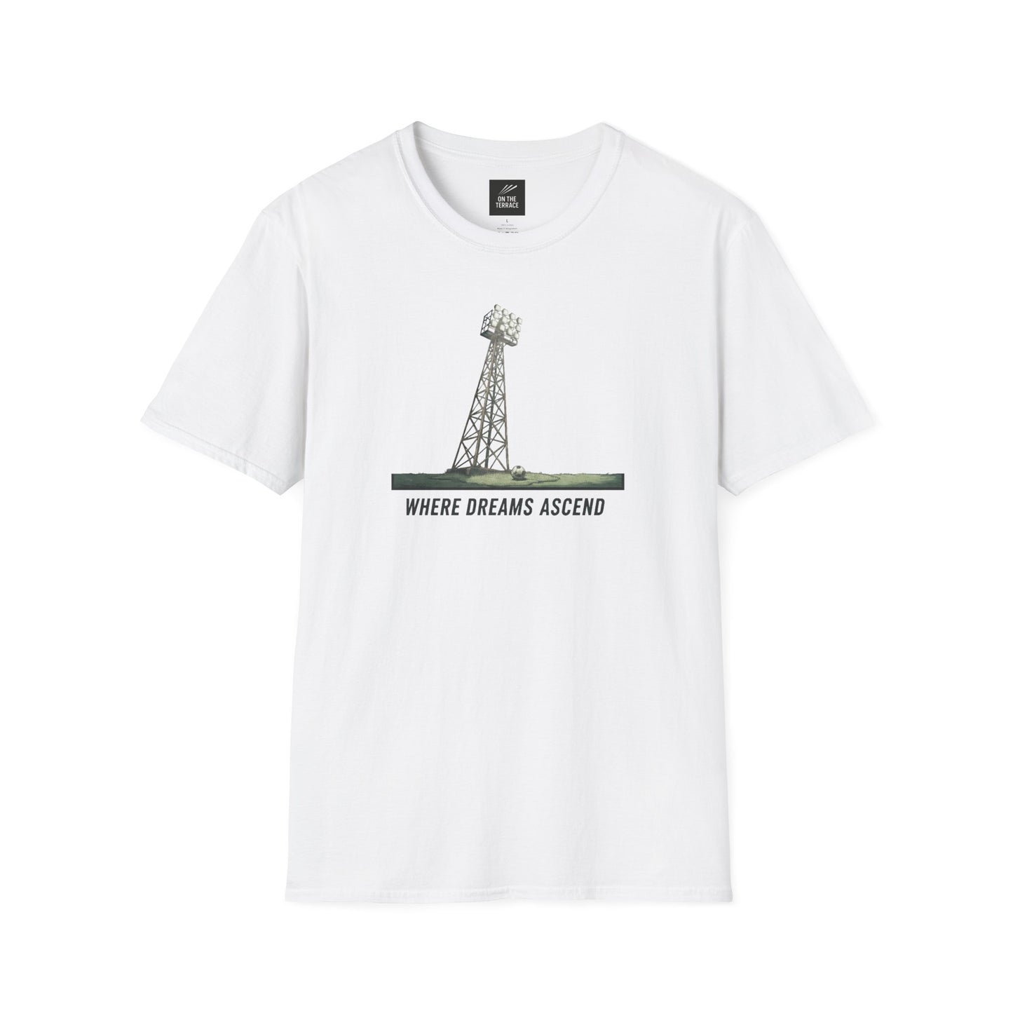 White t-shirt with graphic of stadium floodlight tower and text 'Where Dreams Ascend'