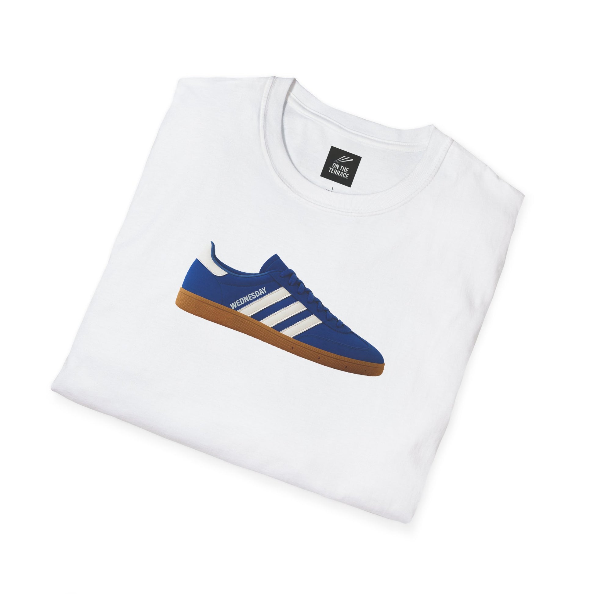 Sheffield Wednesday T-Shirt - Adidas Owls design featuring blue sneaker graphic on soft white cotton. DTG print ideal for sports fans and streetwear lovers.