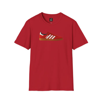 Red t-shirt with graphic of red sneaker featuring white stripes and "UNITED" text