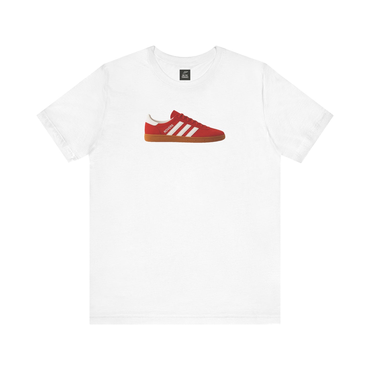 White T-shirt featuring a red sneaker graphic with white stripes and gum sole