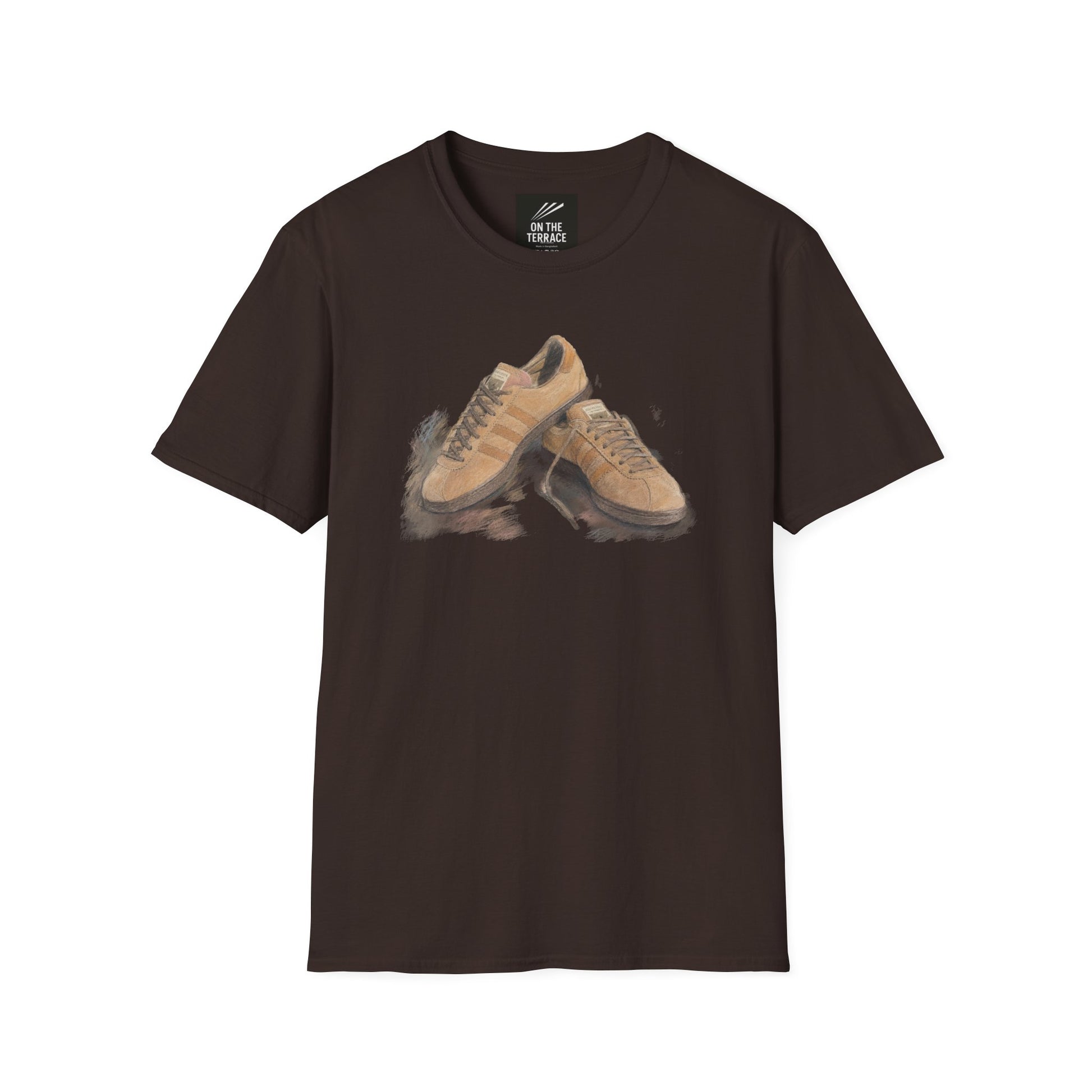 Brown Adidas Samba graphic t-shirt with detailed sneaker print showing side and sole view