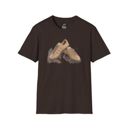 Brown Adidas Samba graphic t-shirt with detailed sneaker print showing side and sole view