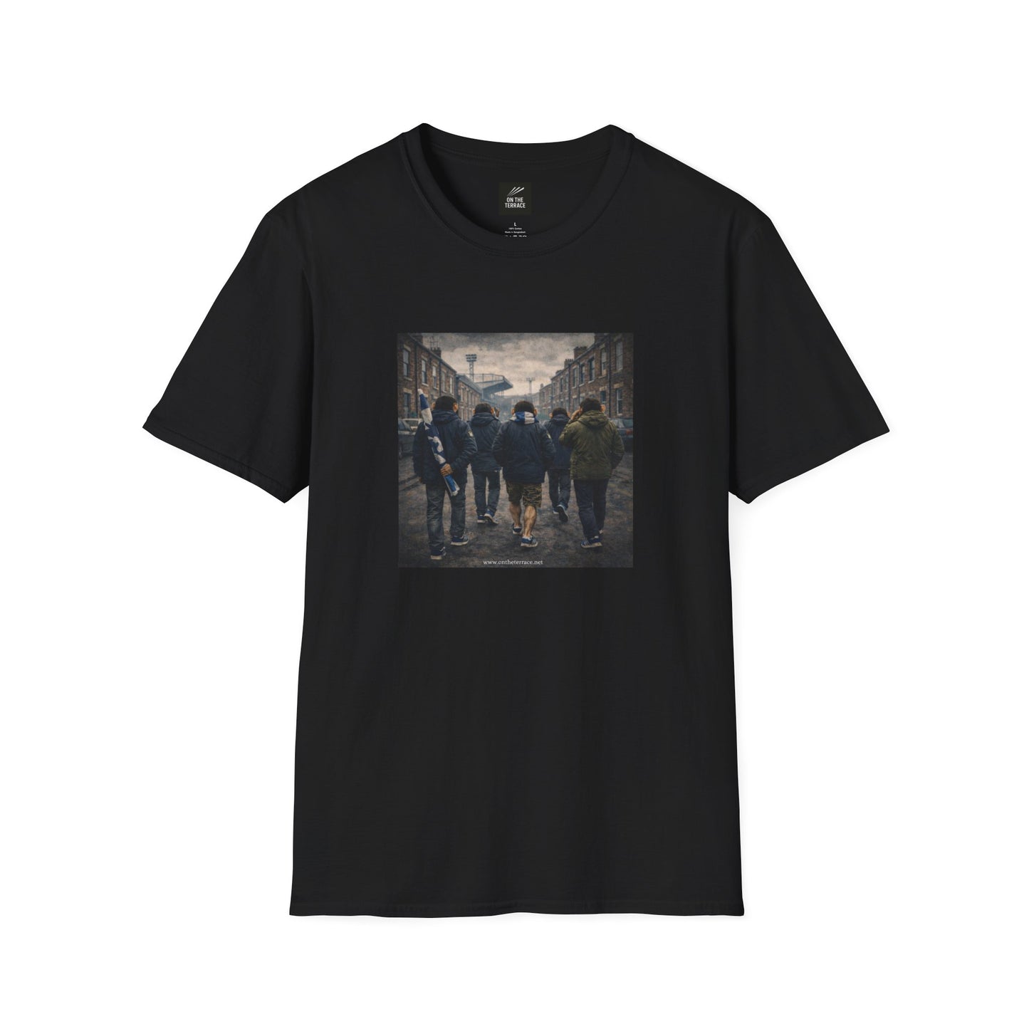Black graphic t-shirt by On The Terrace featuring a cinematic image of football fans walking through a terraced street toward a stadium