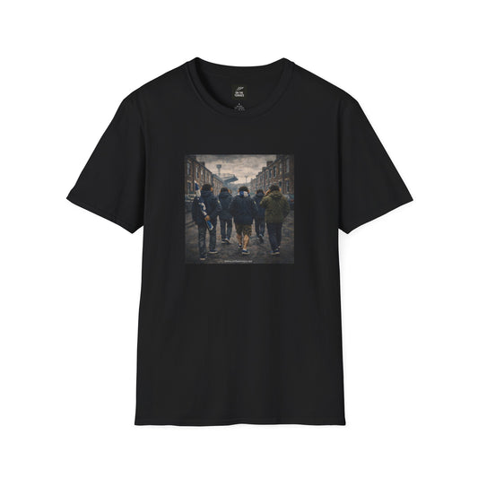 Black graphic t-shirt by On The Terrace featuring a cinematic image of football fans walking through a terraced street toward a stadium