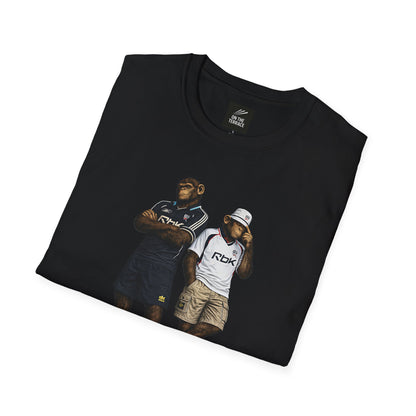 On The Terrace Northern Monkeys black graphic t-shirt featuring retro Bolton Wanderers inspired white and navy terrace casuals artwork.