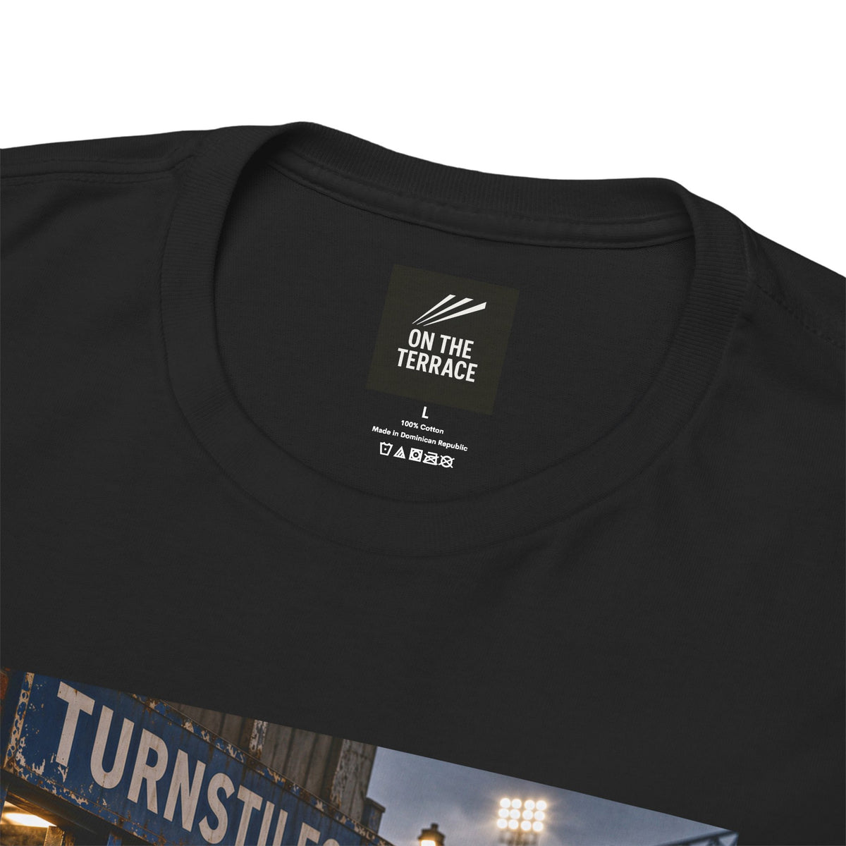 Sheffield Wednesday Turnstiles artwork close-up on black t-shirt - On The Terrace casual wear