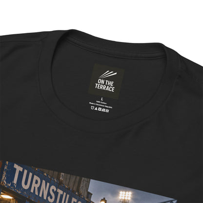 Sheffield Wednesday Turnstiles artwork close-up on black t-shirt - On The Terrace casual wear