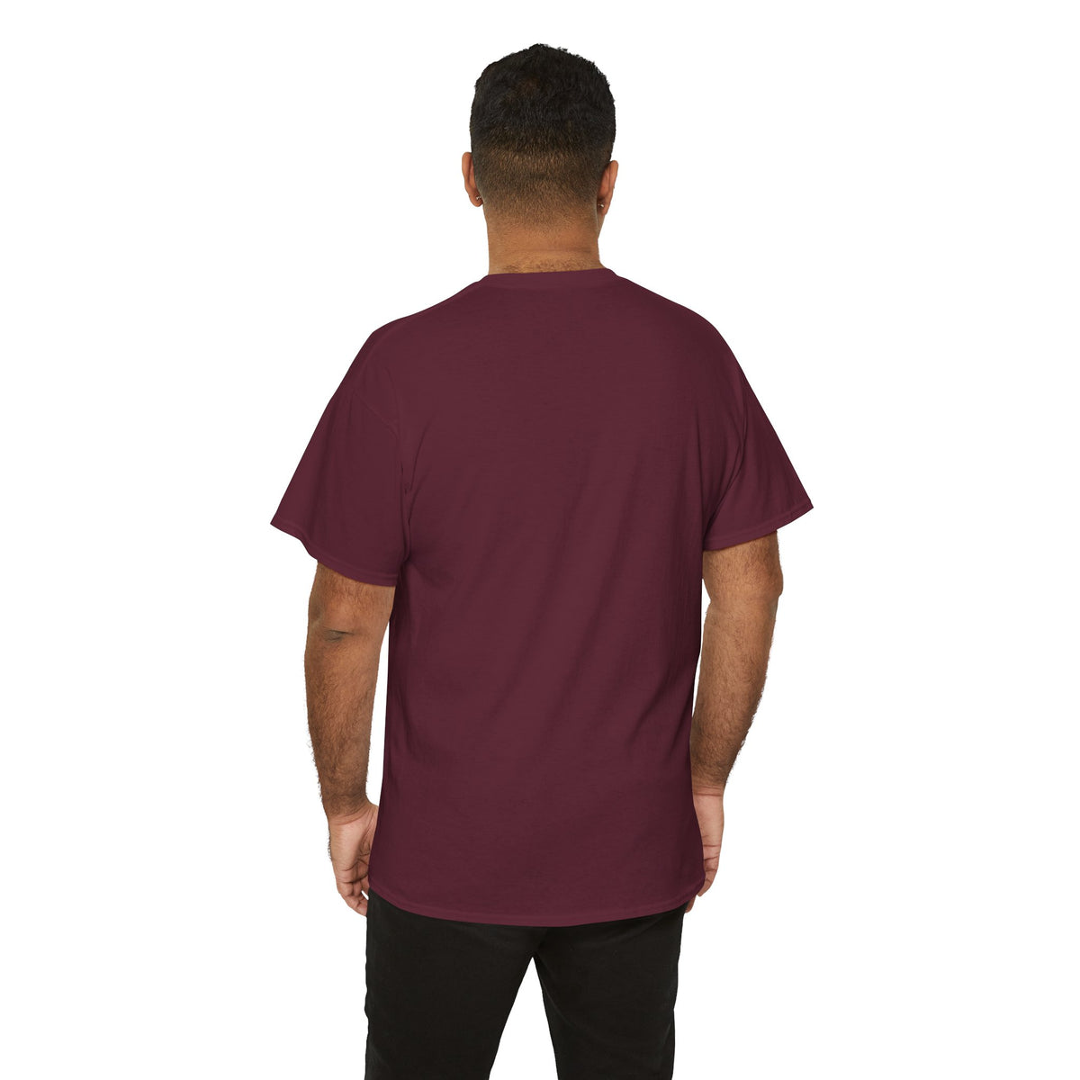 Back view of a man in the plain-backed maroon Hearts Monkeys Duo tee