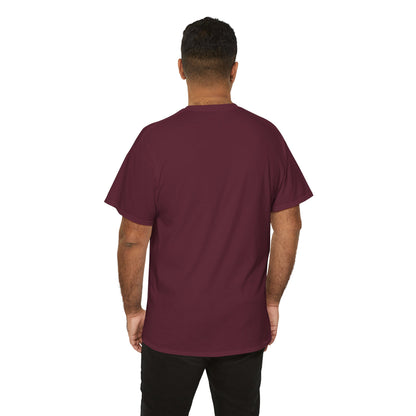 Back view of a man in the plain-backed maroon Hearts Monkeys Duo tee